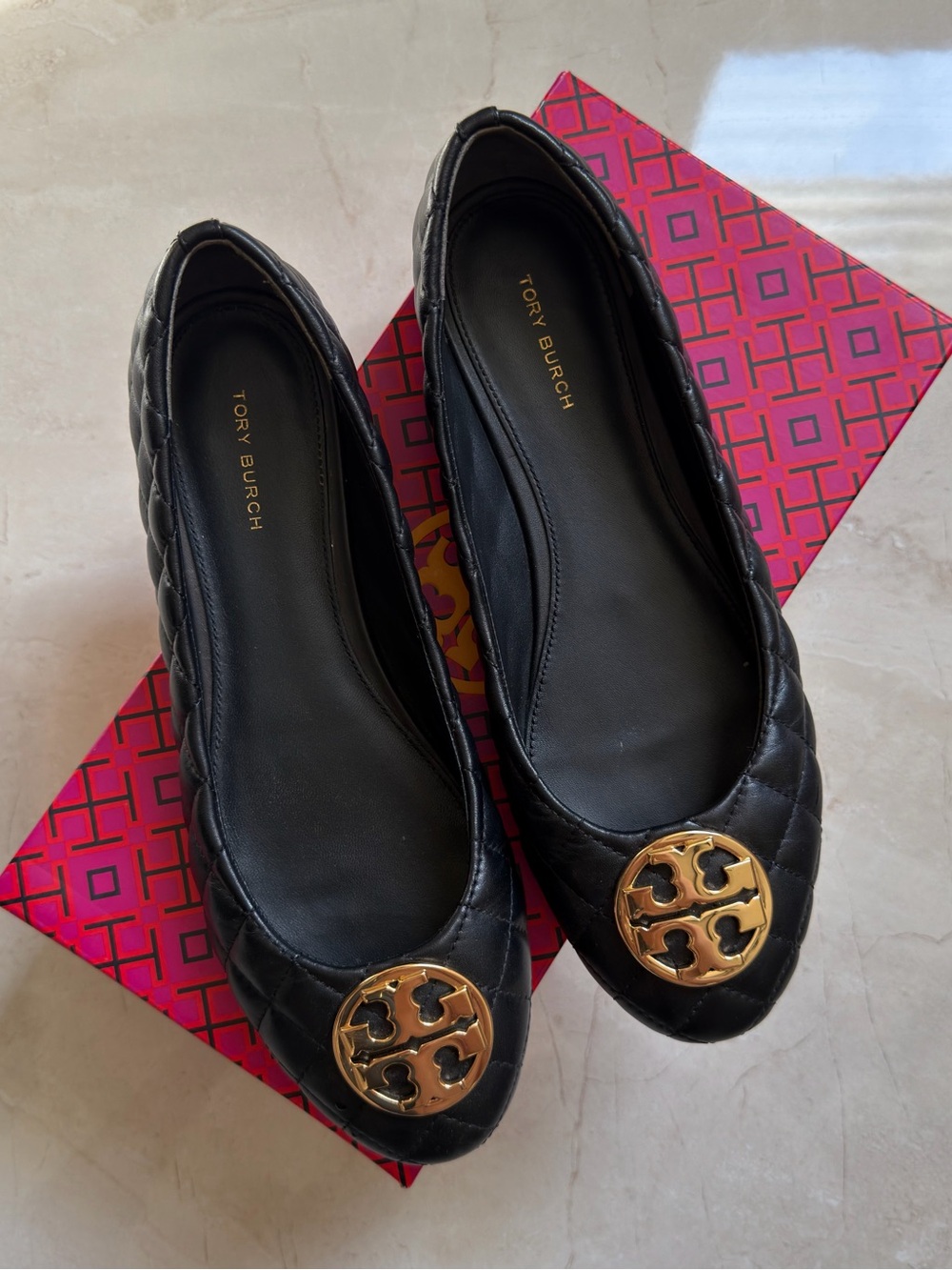 Tory Burch Black Quilted Leather Ballet Flats with Gold Logo Emblems